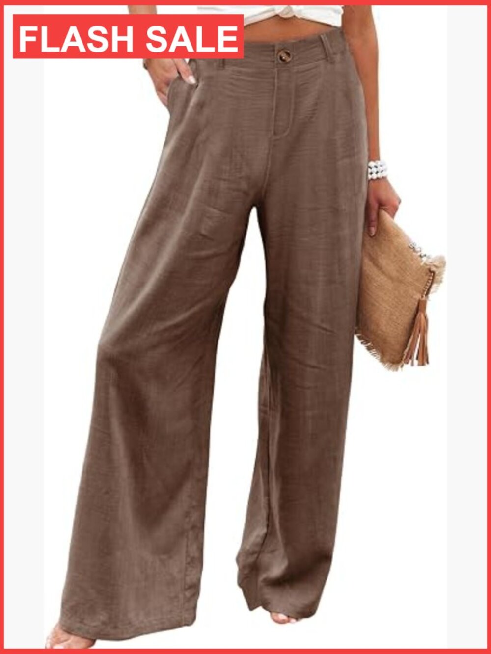 Wide Leg Linen Blend Pants High Waisted Casual Button Front